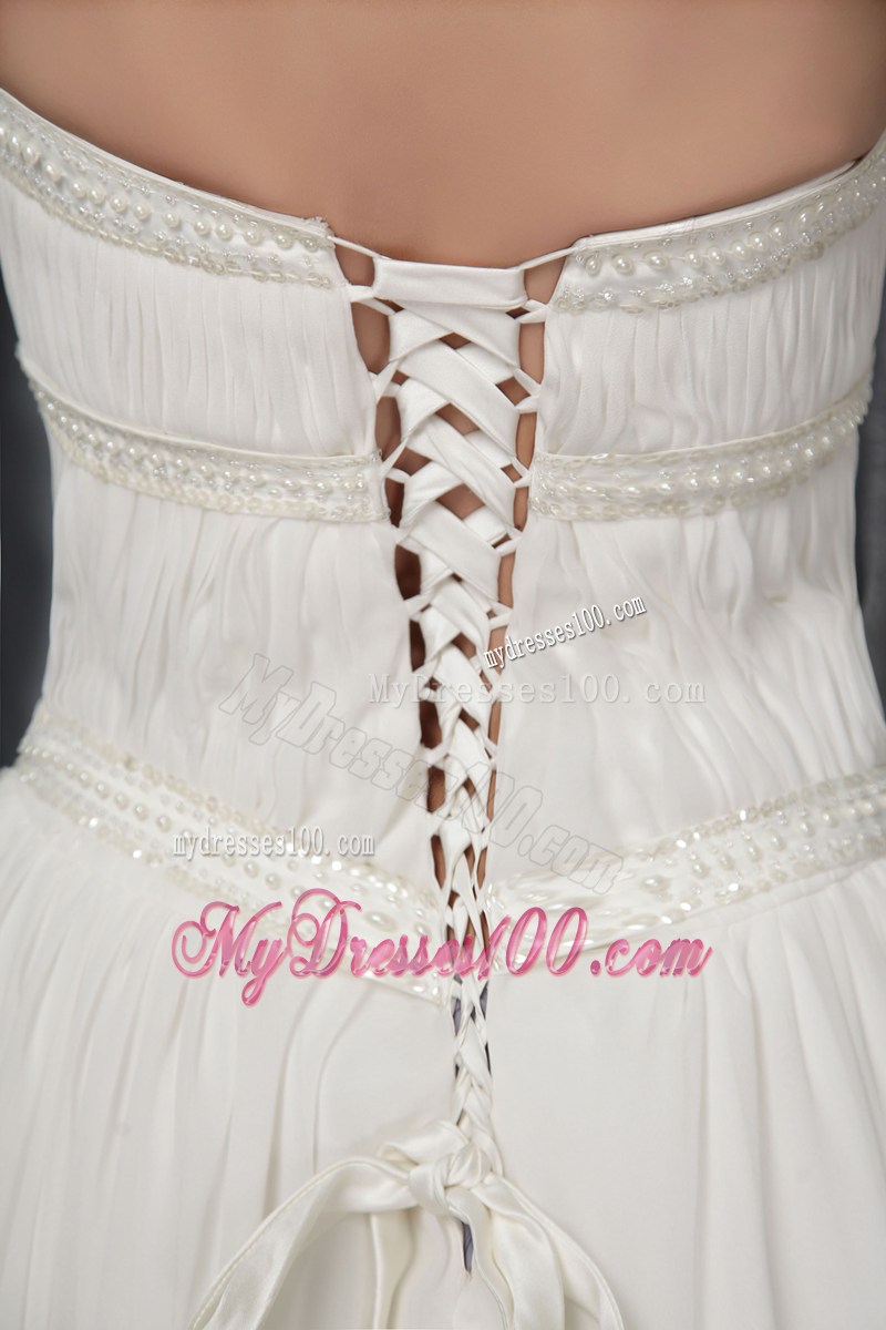 Simple Style Beaded Cathedral Train White Wedding Gown with Ruffles