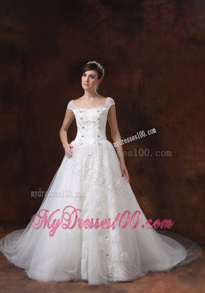 Off The Shoulder Court Train Bridal Dresses with Diamonds and Appliques