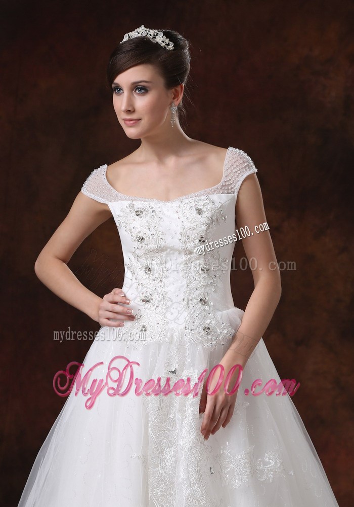 Off The Shoulder Court Train Bridal Dresses with Diamonds and Appliques