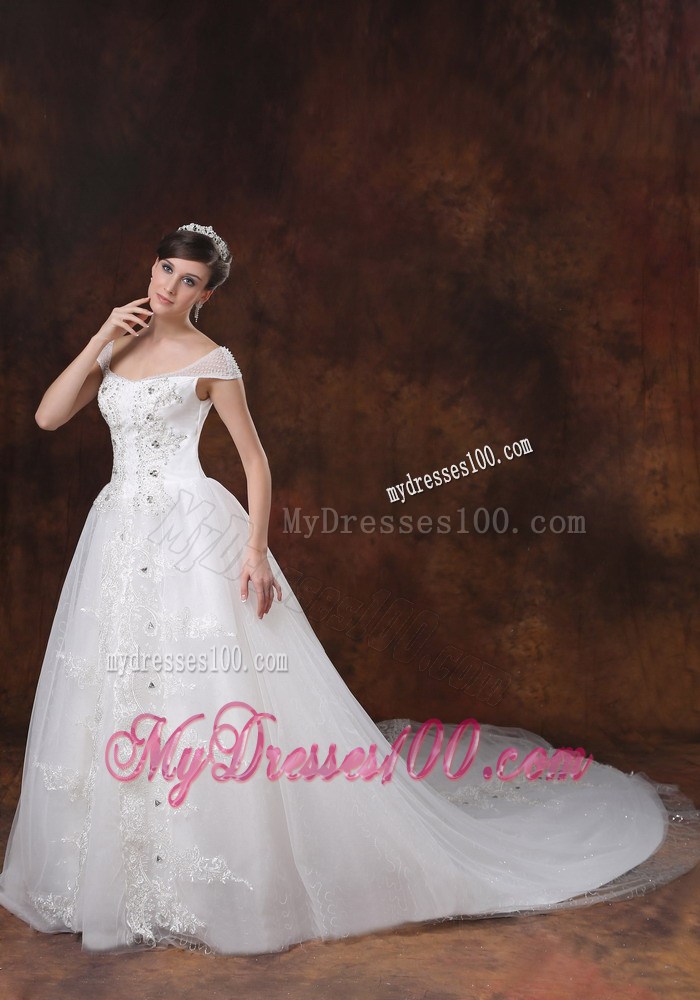 Off The Shoulder Court Train Bridal Dresses with Diamonds and Appliques