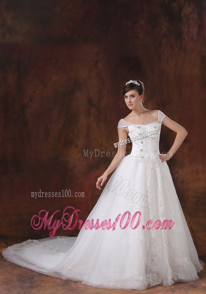 Off The Shoulder Court Train Bridal Dresses with Diamonds and Appliques