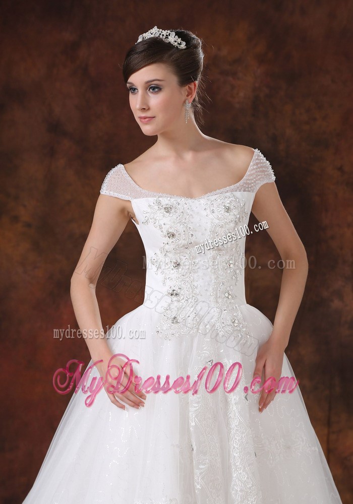 Off The Shoulder Court Train Bridal Dresses with Diamonds and Appliques
