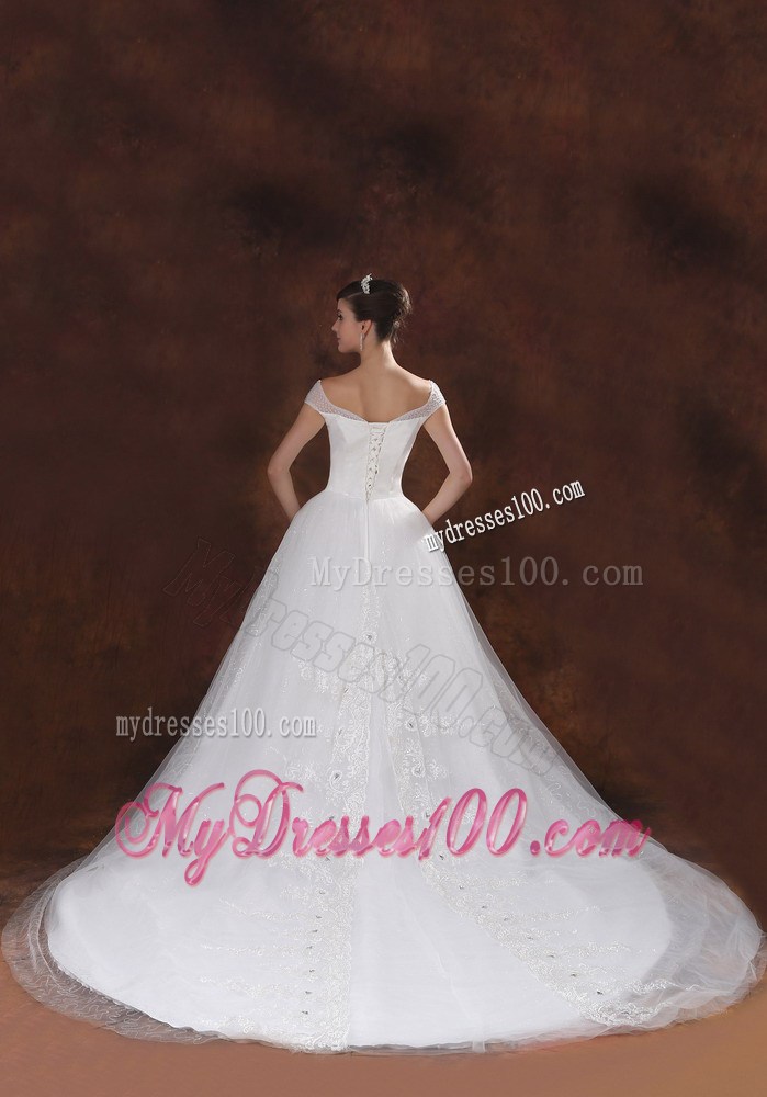 Off The Shoulder Court Train Bridal Dresses with Diamonds and Appliques