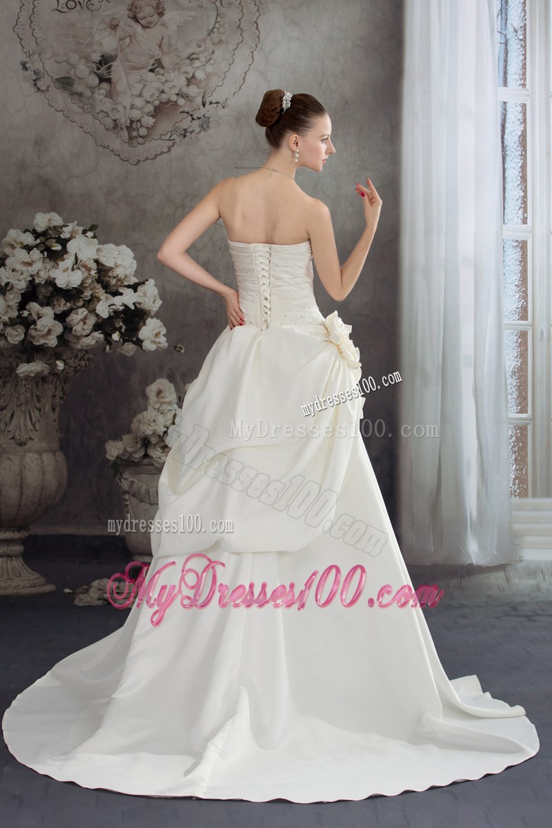 Strapless Handmade Flower Ruffles White Wedding Dress with Beading