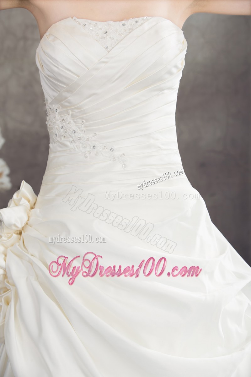 Strapless Handmade Flower Ruffles White Wedding Dress with Beading