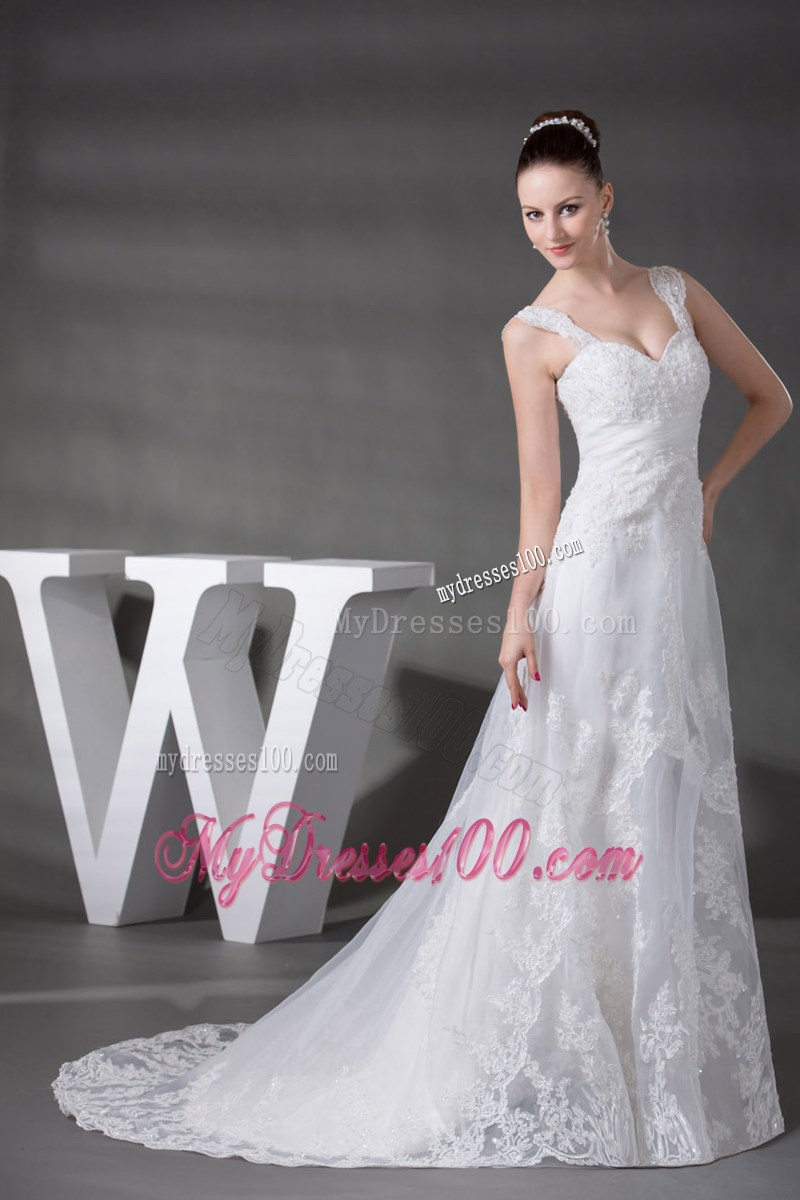 Up-to-date Straps White Lace Wedding Dress Zipper-up with Beading