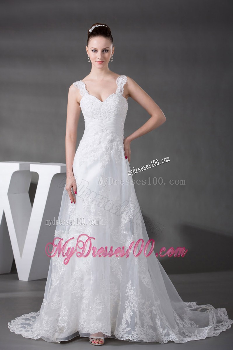 Up-to-date Straps White Lace Wedding Dress Zipper-up with Beading