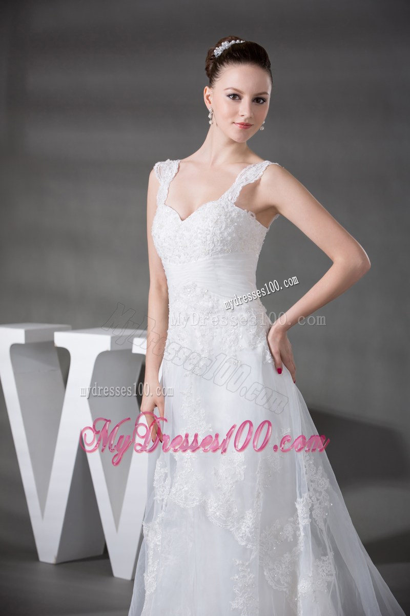 Up-to-date Straps White Lace Wedding Dress Zipper-up with Beading