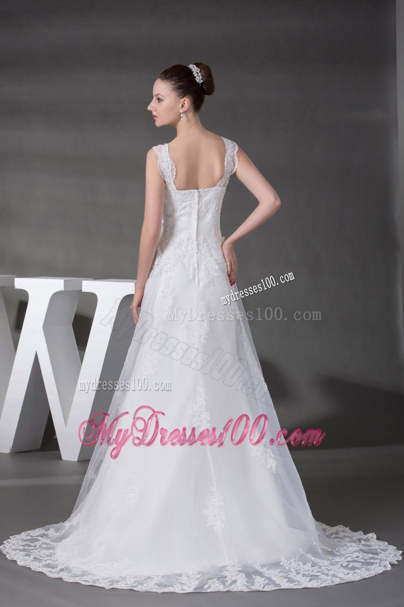 Up-to-date Straps White Lace Wedding Dress Zipper-up with Beading