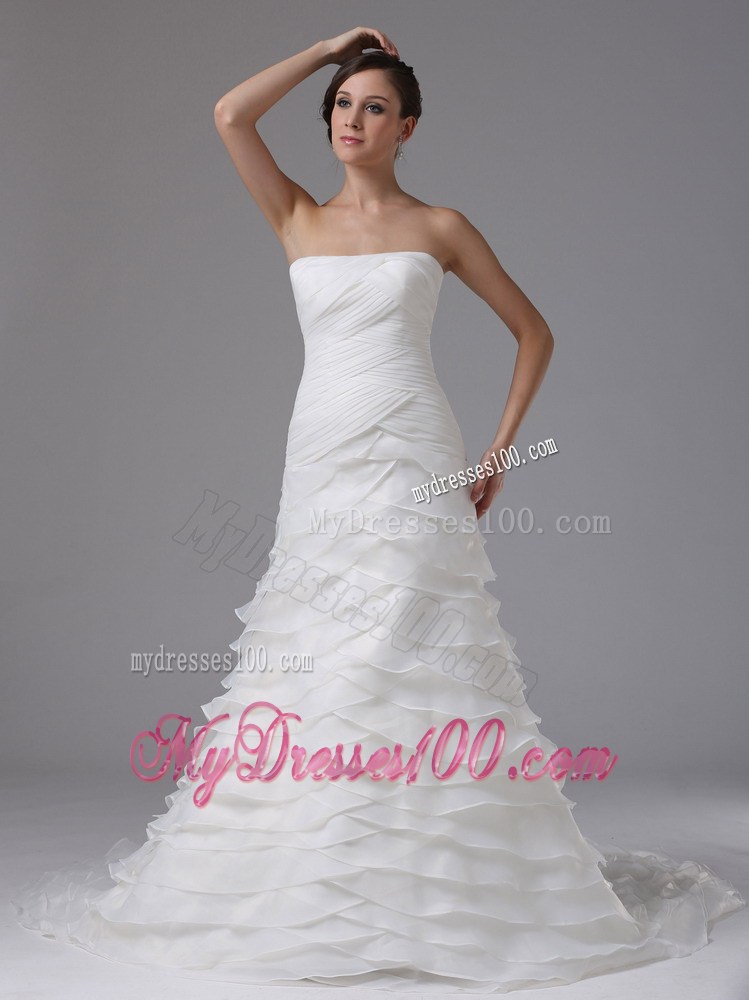 Luxurious Court Train Dresses for Wedding in White with Ruching and Layers