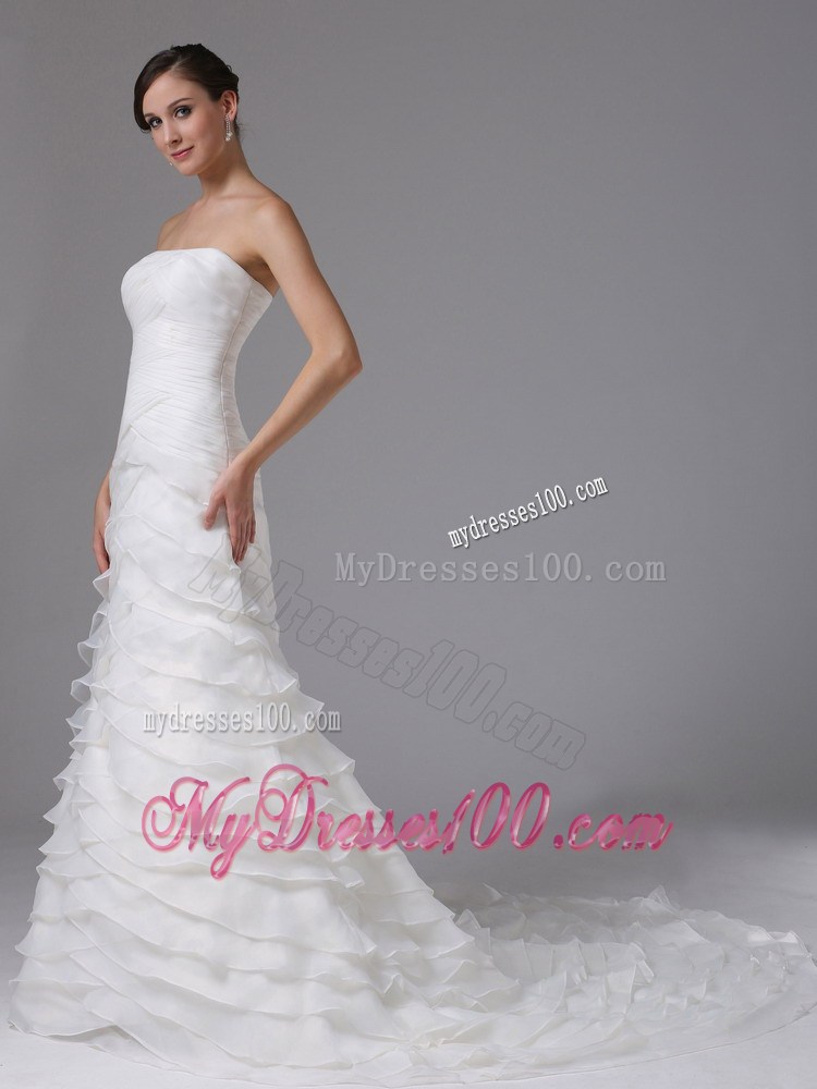 Luxurious Court Train Dresses for Wedding in White with Ruching and Layers