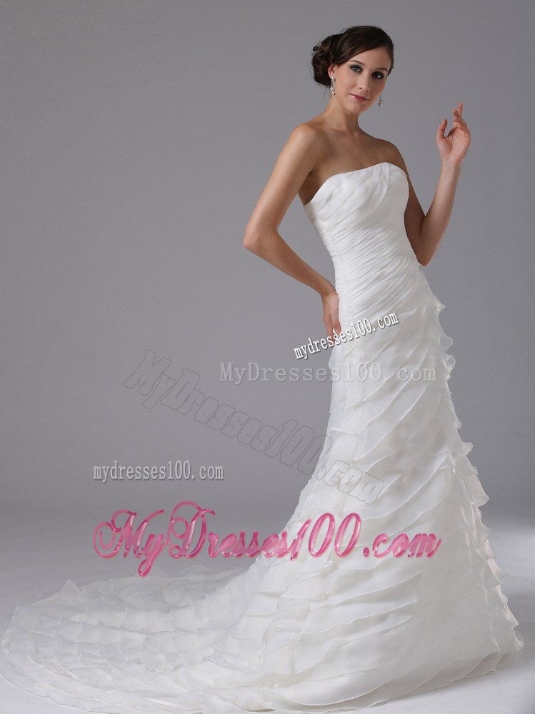 Luxurious Court Train Dresses for Wedding in White with Ruching and Layers