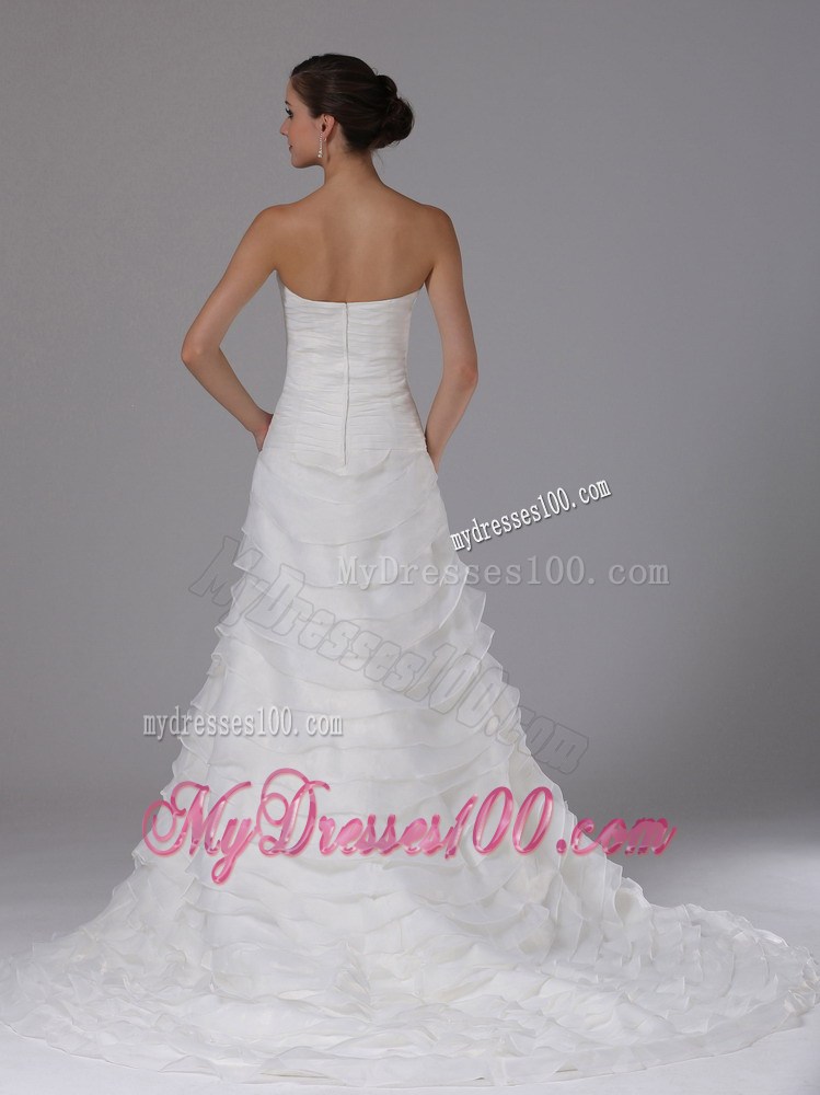 Luxurious Court Train Dresses for Wedding in White with Ruching and Layers