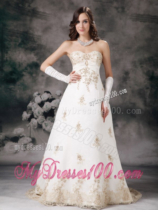 Brush Train Wedding Dress in White with Gold Beaded Appliques