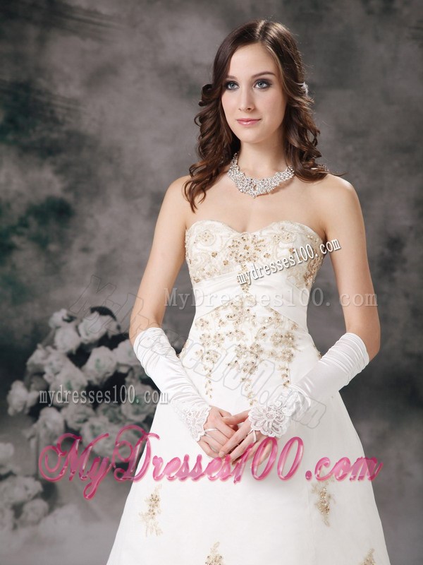 Brush Train Wedding Dress in White with Gold Beaded Appliques