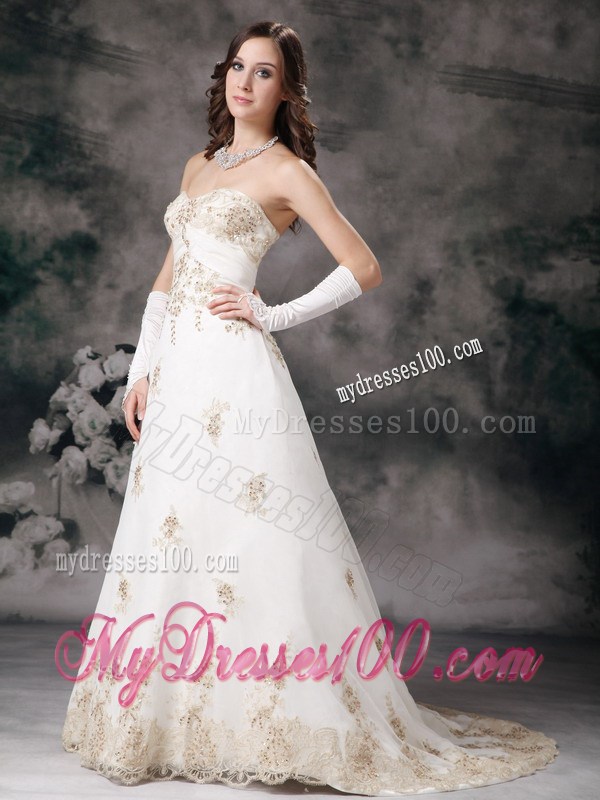 Brush Train Wedding Dress in White with Gold Beaded Appliques