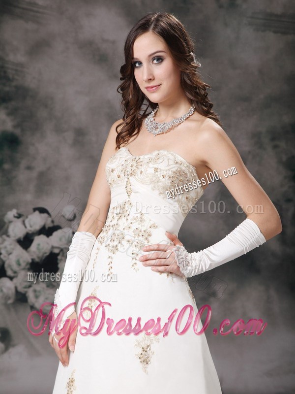 Brush Train Wedding Dress in White with Gold Beaded Appliques