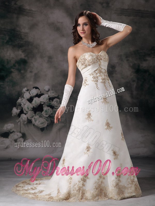 Brush Train Wedding Dress in White with Gold Beaded Appliques