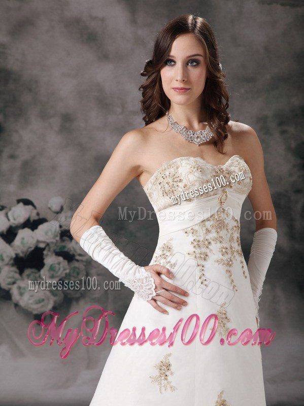 Brush Train Wedding Dress in White with Gold Beaded Appliques
