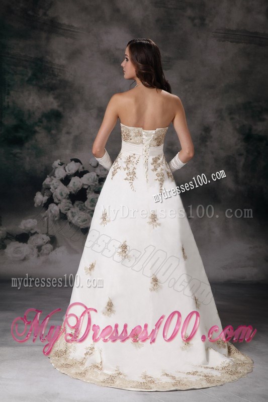 Brush Train Wedding Dress in White with Gold Beaded Appliques