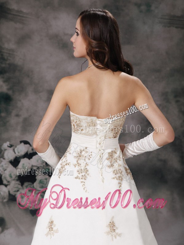Brush Train Wedding Dress in White with Gold Beaded Appliques