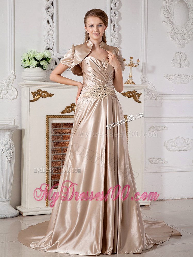 Appliques and Ruche Champagne Bridal Dress with Short Sleeves Jacket