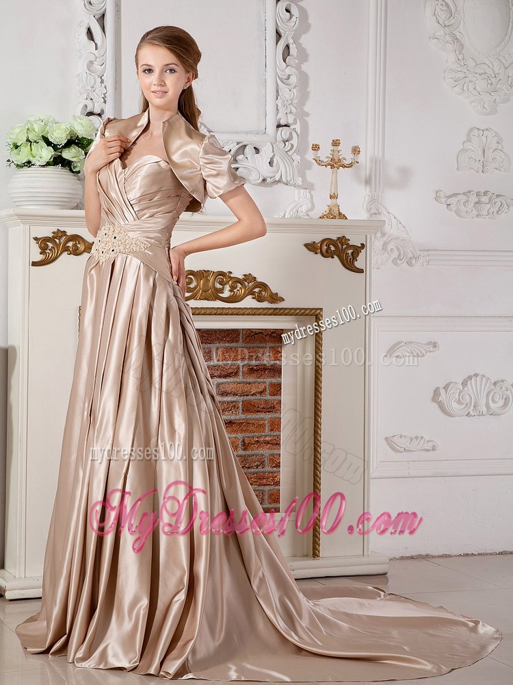 Appliques and Ruche Champagne Bridal Dress with Short Sleeves Jacket