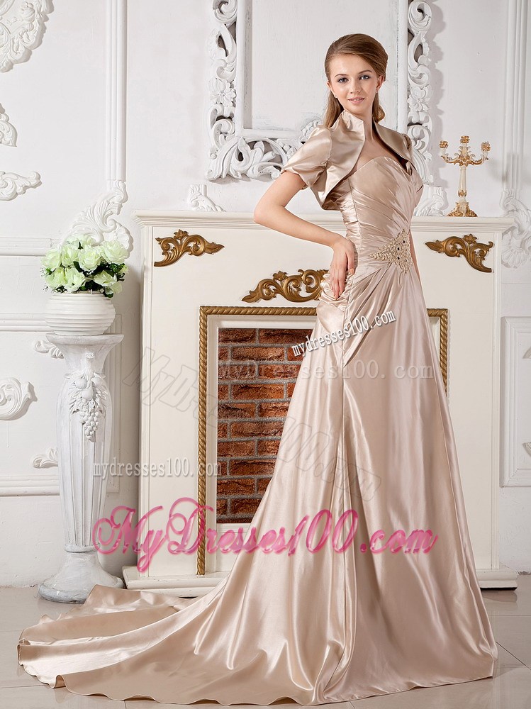 Appliques and Ruche Champagne Bridal Dress with Short Sleeves Jacket