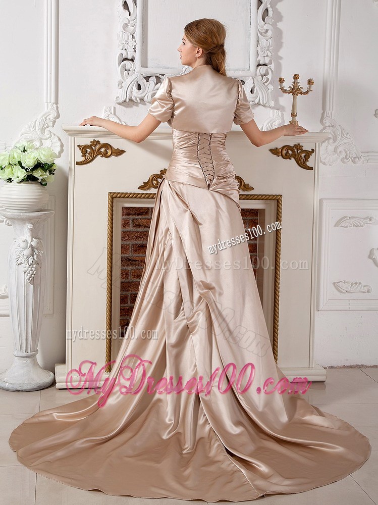 Appliques and Ruche Champagne Bridal Dress with Short Sleeves Jacket