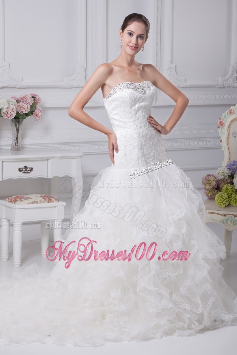 Beaded Embroidery and Ruffles Accent Mermaid Court Train Wedding Gown