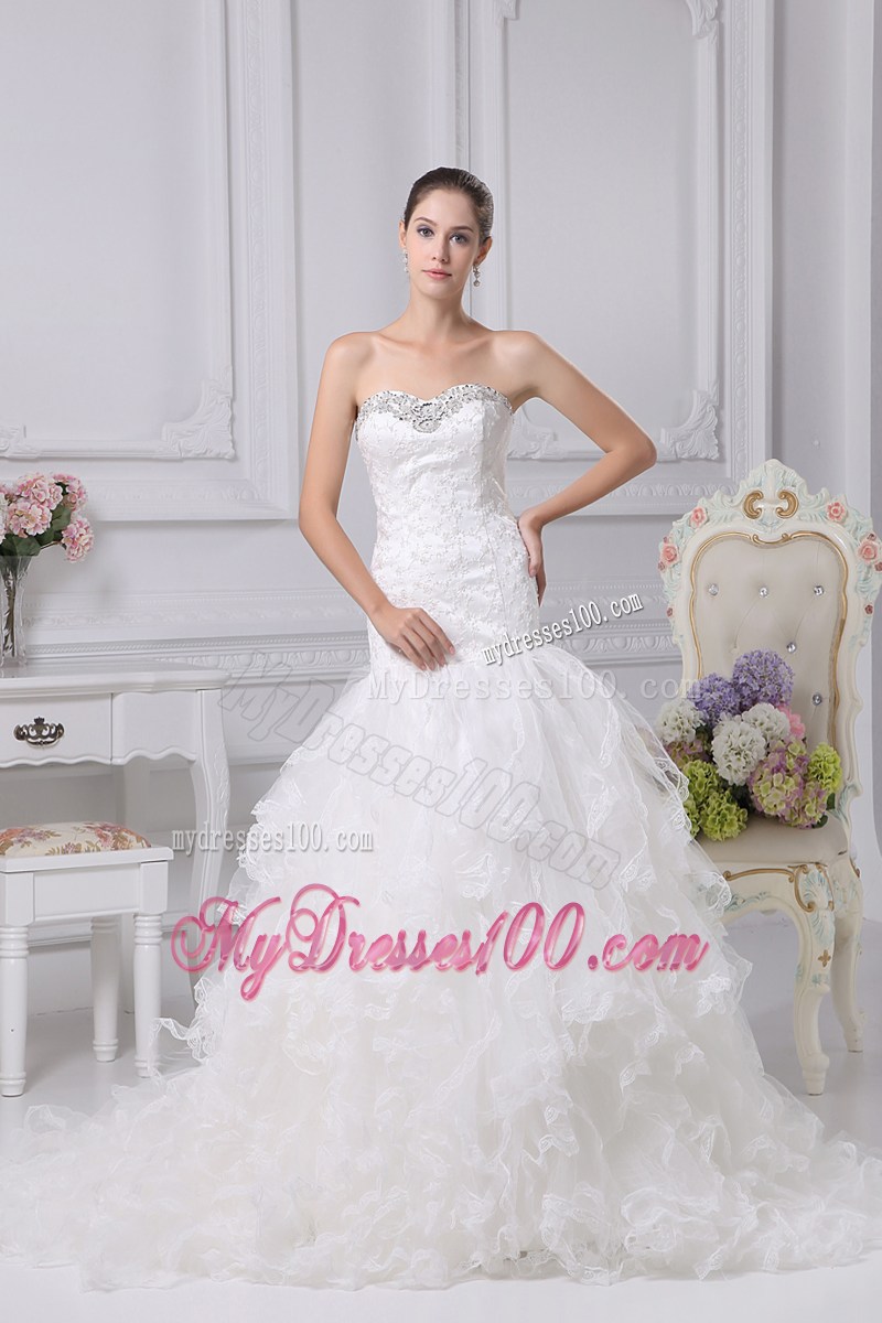 Beaded Embroidery and Ruffles Accent Mermaid Court Train Wedding Gown