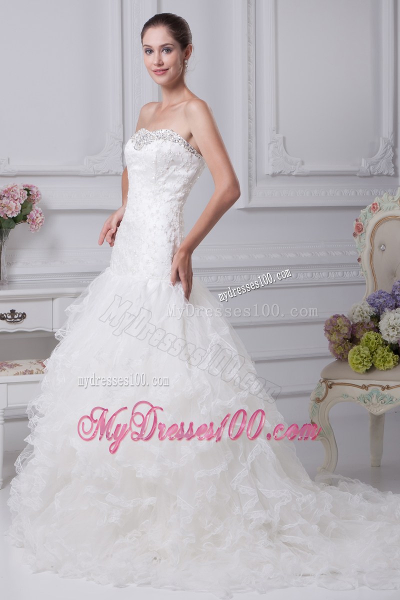 Beaded Embroidery and Ruffles Accent Mermaid Court Train Wedding Gown