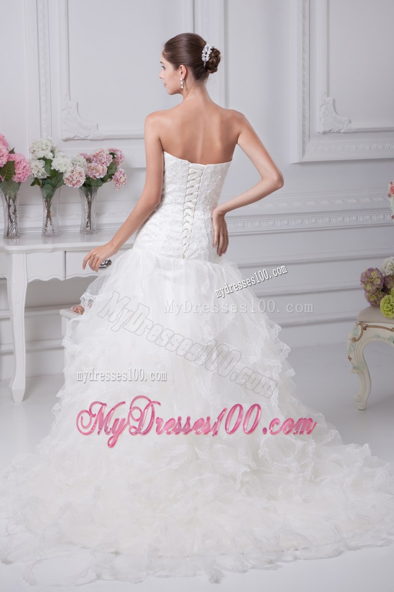 Beaded Embroidery and Ruffles Accent Mermaid Court Train Wedding Gown