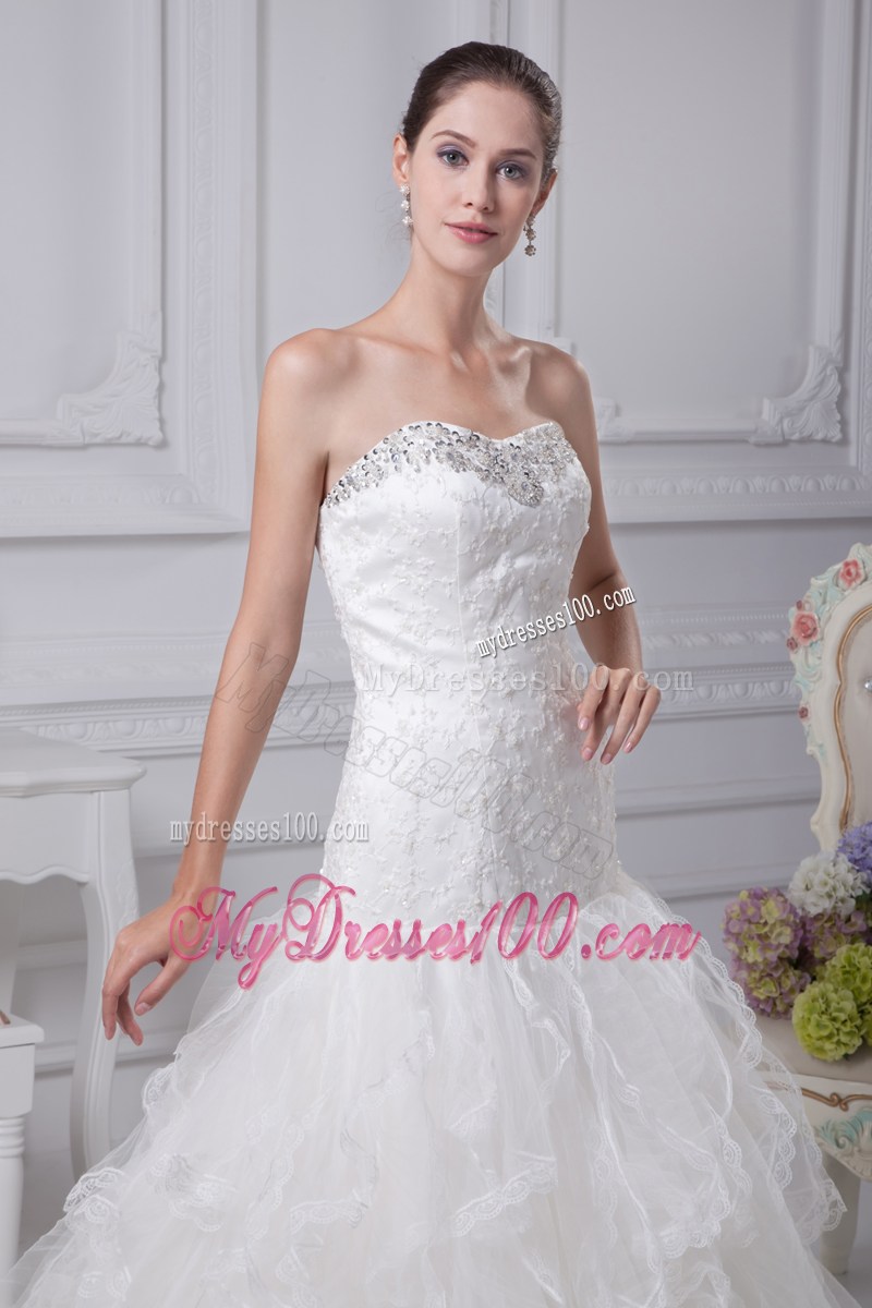 Beaded Embroidery and Ruffles Accent Mermaid Court Train Wedding Gown