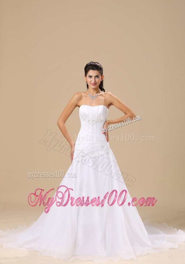 Beaded and Appliqued Zipper-up Wedding Brush Train Wedding Bridal Gown