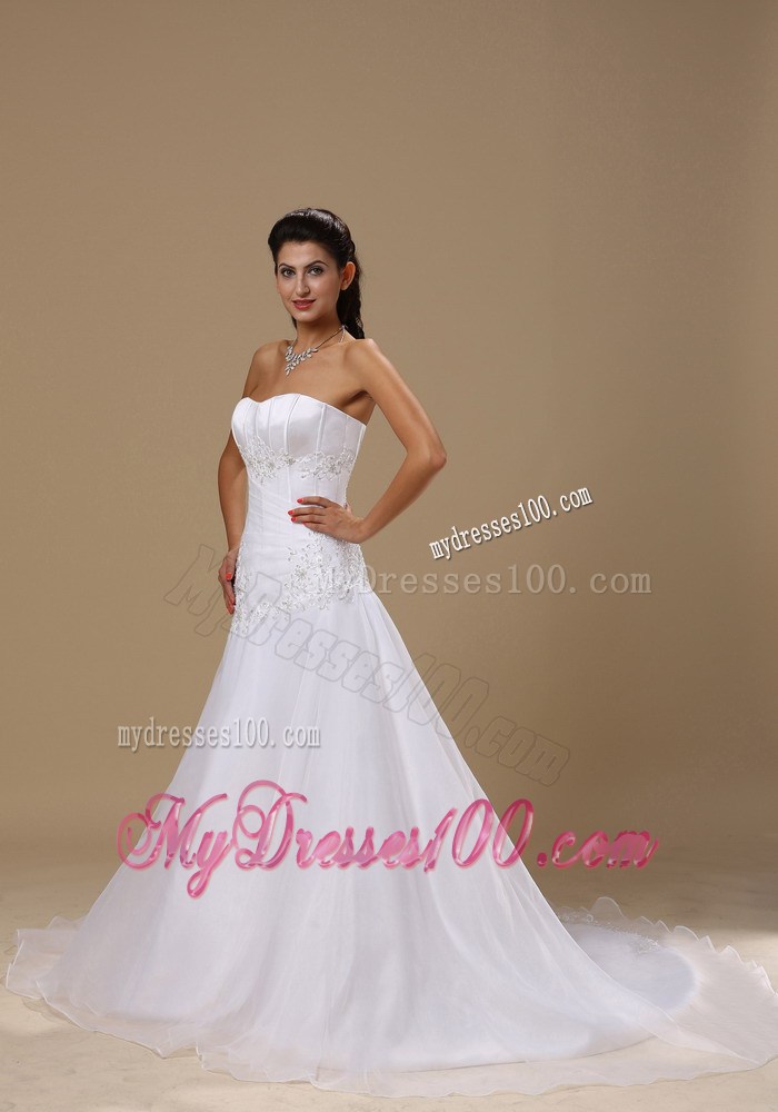 Beaded and Appliqued Zipper-up Wedding Brush Train Wedding Bridal Gown