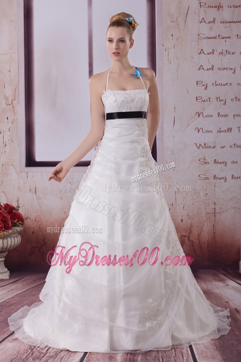 Hot Sale Halter Brush Train Appliqued Organza Dresses for the Bride