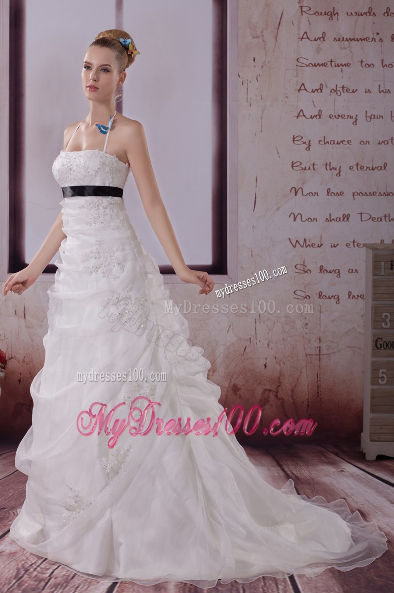 Hot Sale Halter Brush Train Appliqued Organza Dresses for the Bride