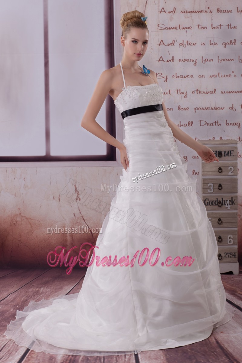 Hot Sale Halter Brush Train Appliqued Organza Dresses for the Bride