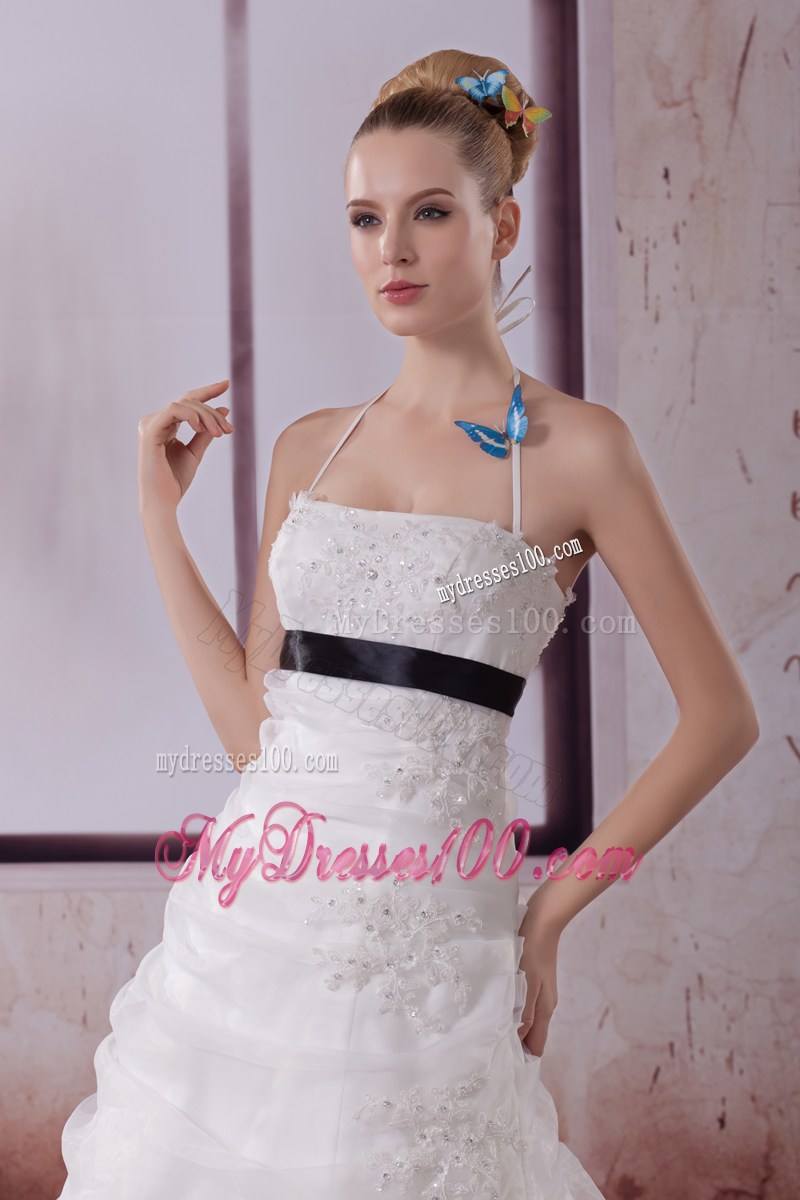 Hot Sale Halter Brush Train Appliqued Organza Dresses for the Bride
