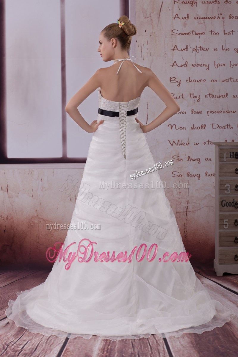 Hot Sale Halter Brush Train Appliqued Organza Dresses for the Bride