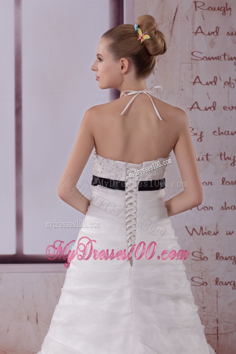 Hot Sale Halter Brush Train Appliqued Organza Dresses for the Bride