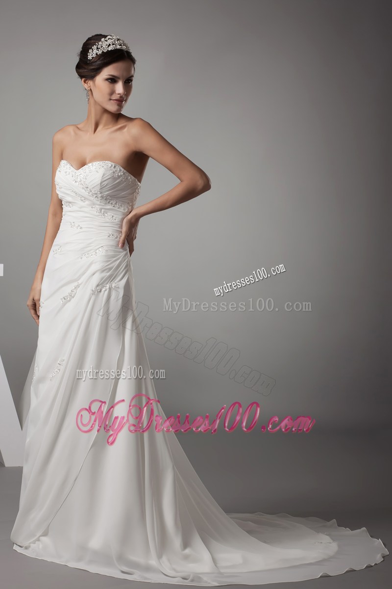 Sweetheart Column Ruche White Wedding Dress with Beading