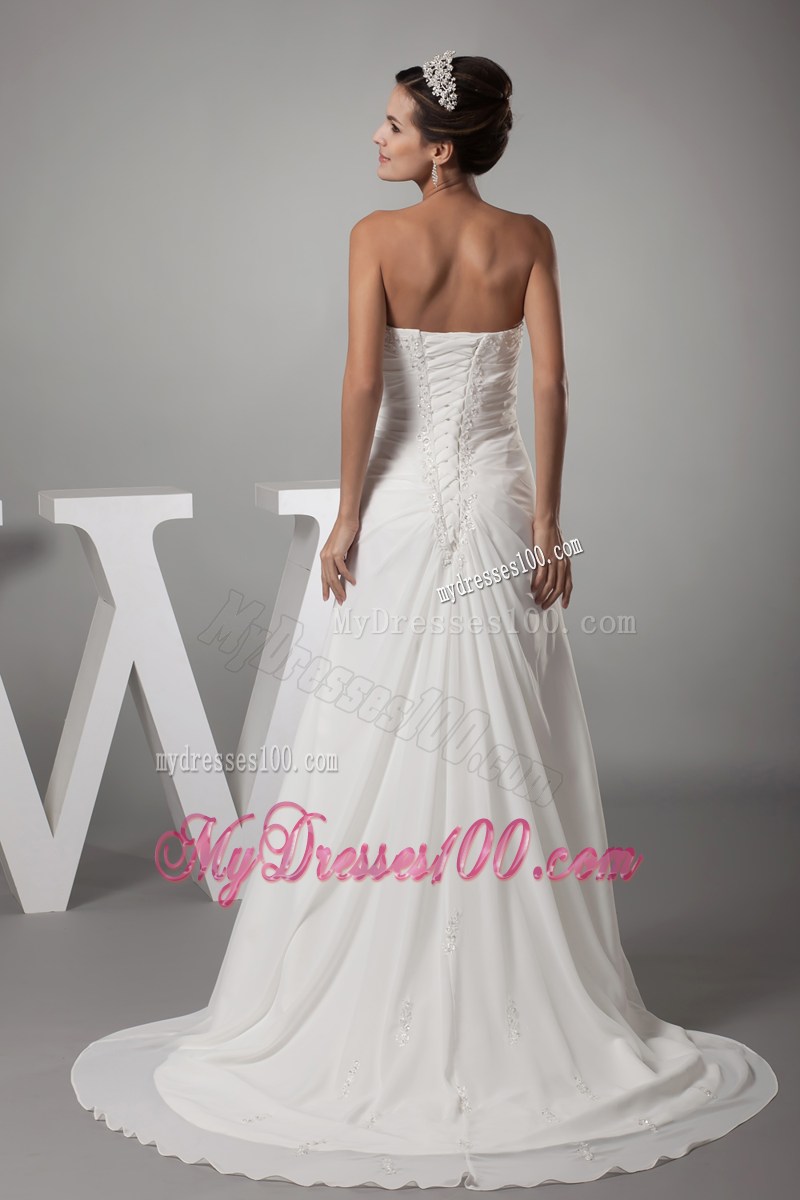 Sweetheart Column Ruche White Wedding Dress with Beading