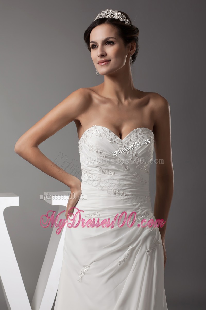 Sweetheart Column Ruche White Wedding Dress with Beading