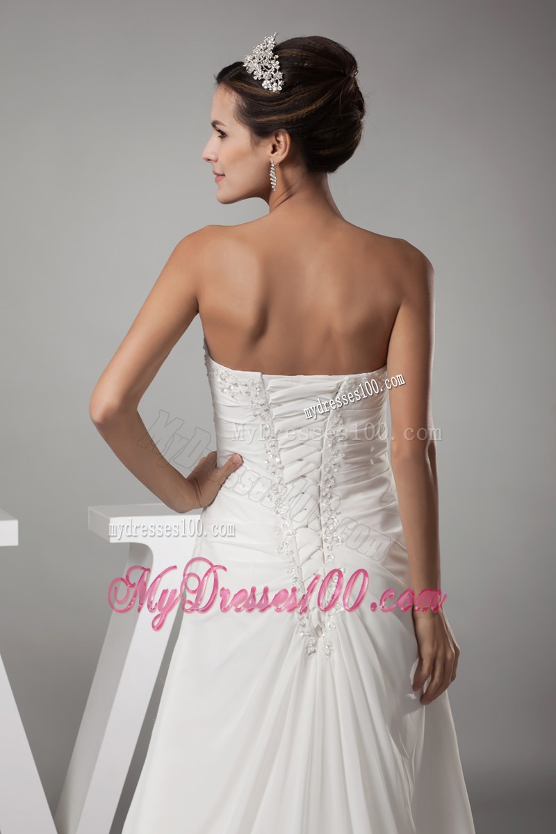 Sweetheart Column Ruche White Wedding Dress with Beading