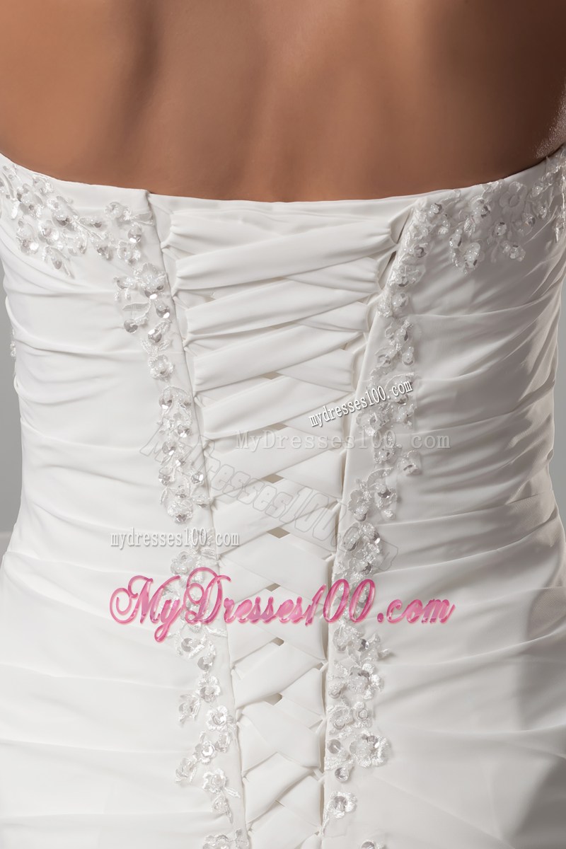 Sweetheart Column Ruche White Wedding Dress with Beading