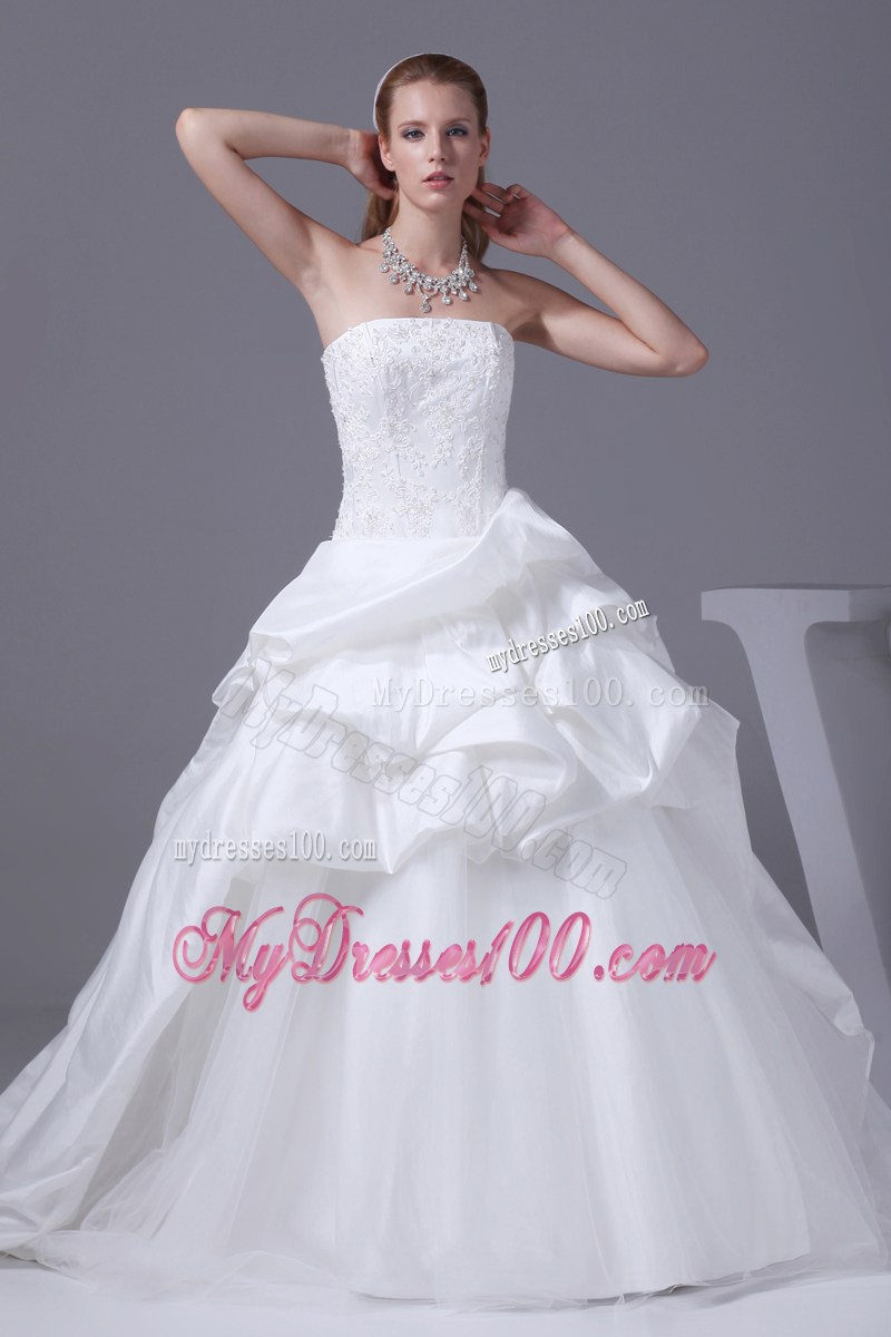 Strapless Court Train Wedding Dresses with Pick-ups and Appliques