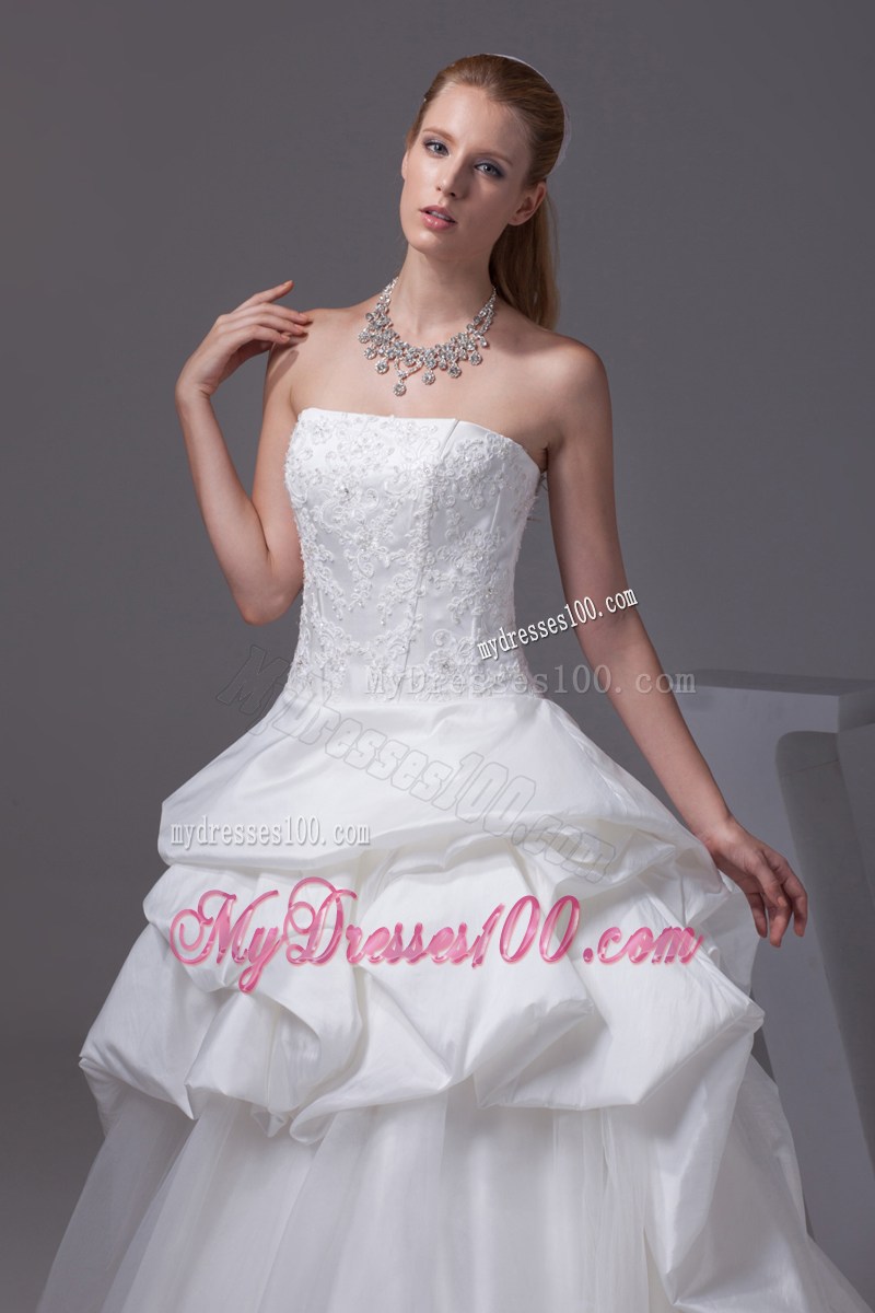 Strapless Court Train Wedding Dresses with Pick-ups and Appliques