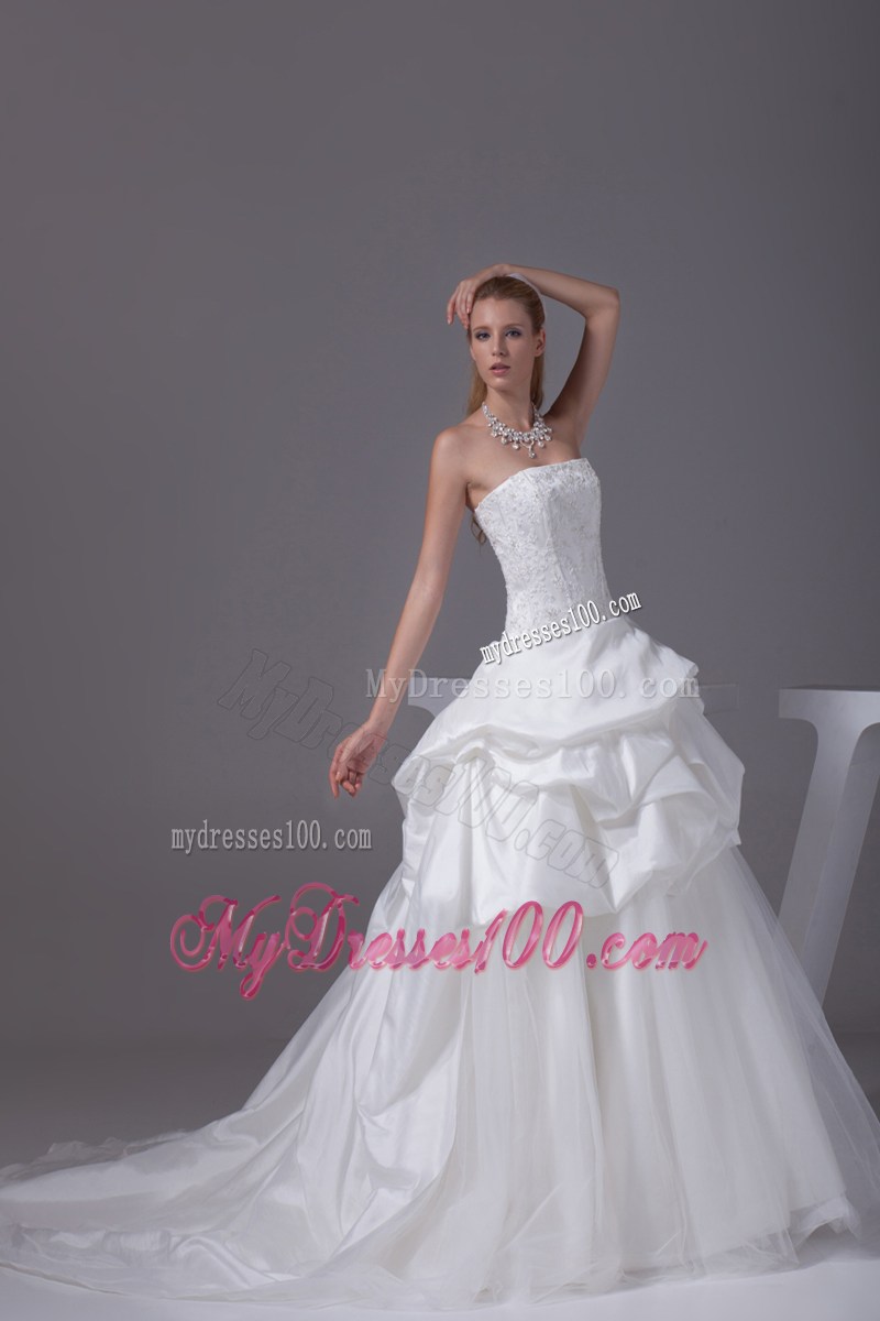 Strapless Court Train Wedding Dresses with Pick-ups and Appliques